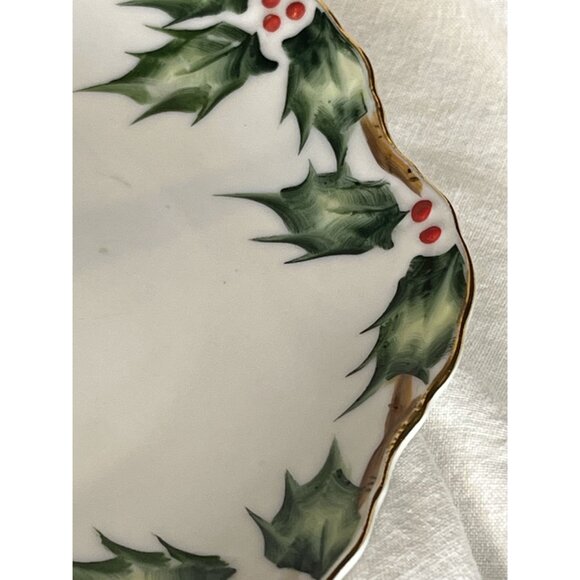 Lefton China Winter Holly Berry Handpainted Candy Mint & Tidbit Tray 1950s VTG - Picture 4 of 10